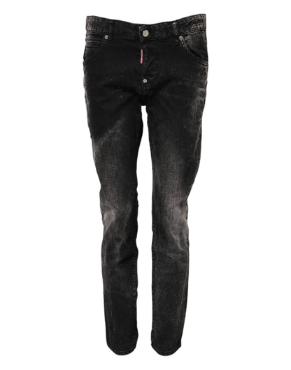 Black Washed Mid Waist Tapered Denim Jeans