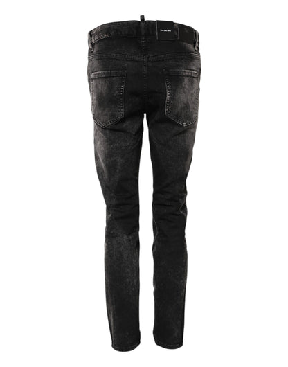 Black Washed Mid Waist Tapered Denim Jeans