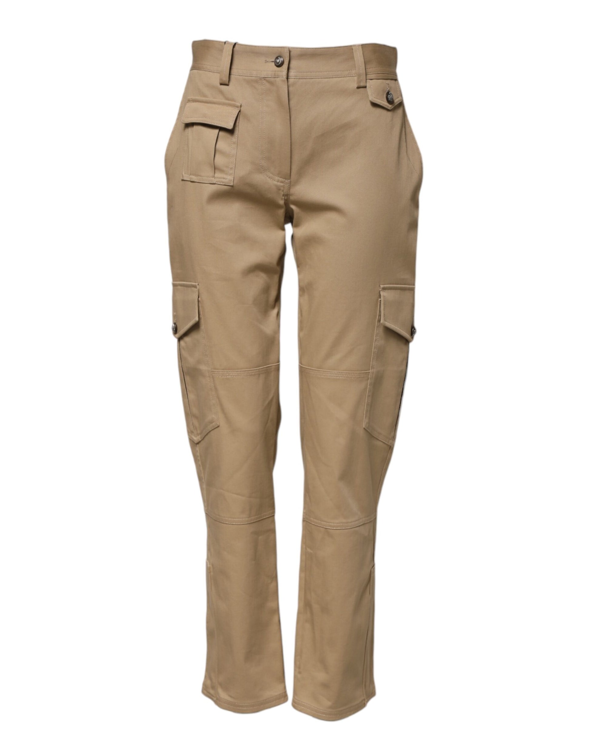 Beige Mid Waist Cargo Tapered Pants