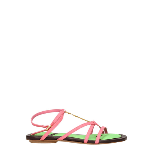Pink Leather Flat Sandals
