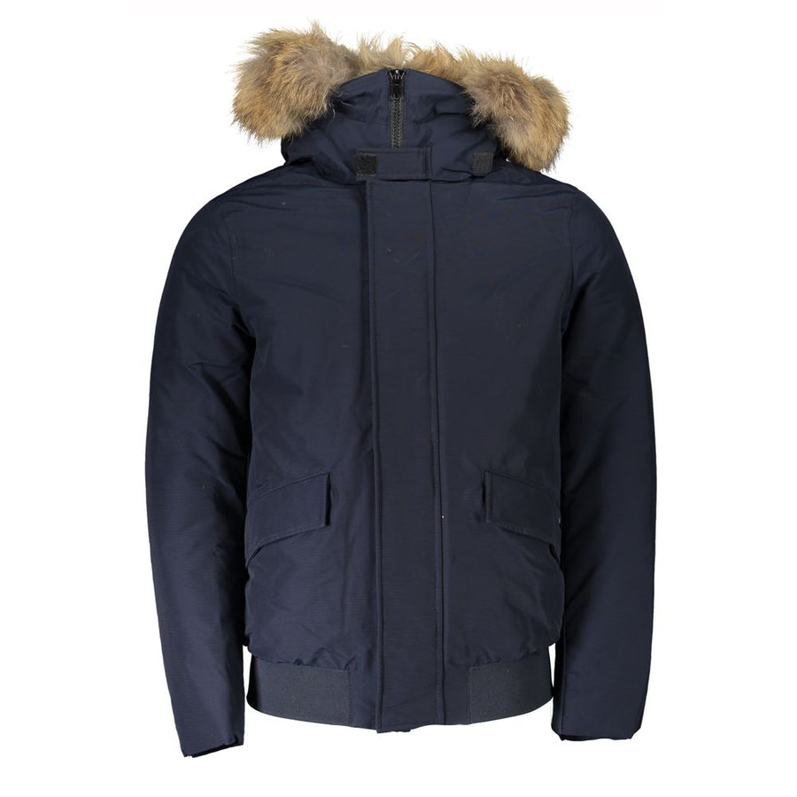 Blue Cotton Men's Jacket with Removable Hood