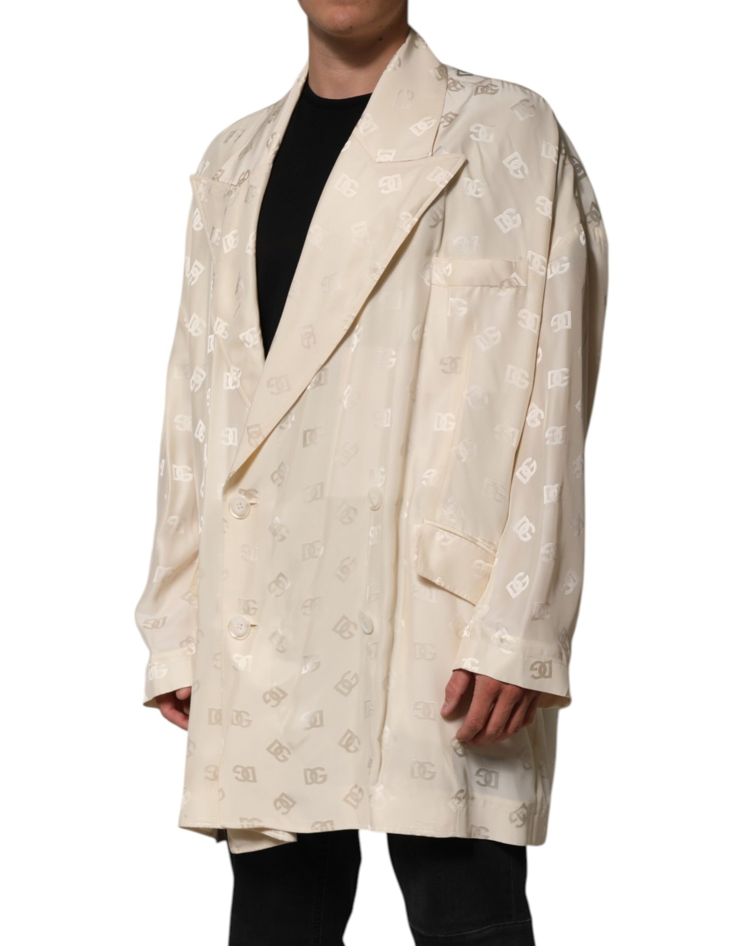 Beige Polyester Logo Monogram Coat Jacket