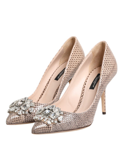 Beige Leather Crystal Embellished Pumps Shoes