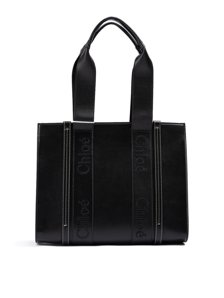 Black Woody Embroidered Logo Leather Medium Tote Bag