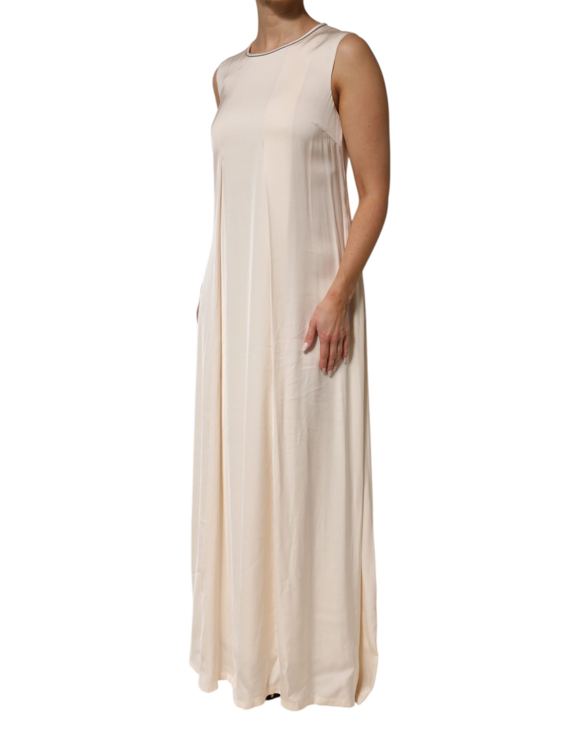 Beige Viscose Pleated Sleeveless Long Maxi Dress