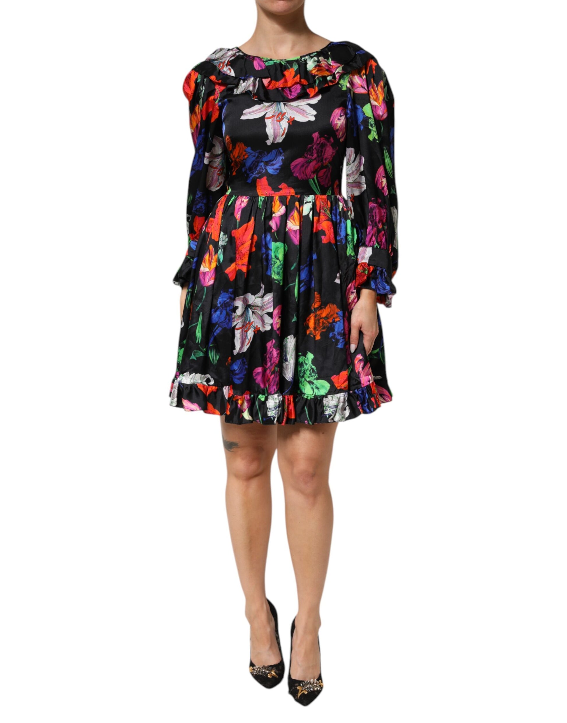 Dress Black Multicolor Floral Ruffle Long Sleeve Mini Dress