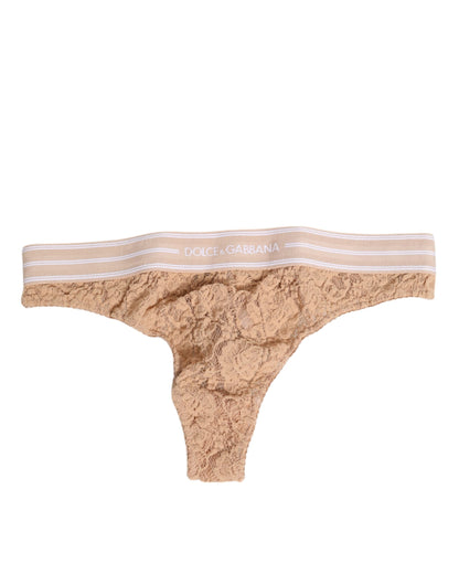 Beige Lace Logo Elastic Waist Thong Tanga Underwear