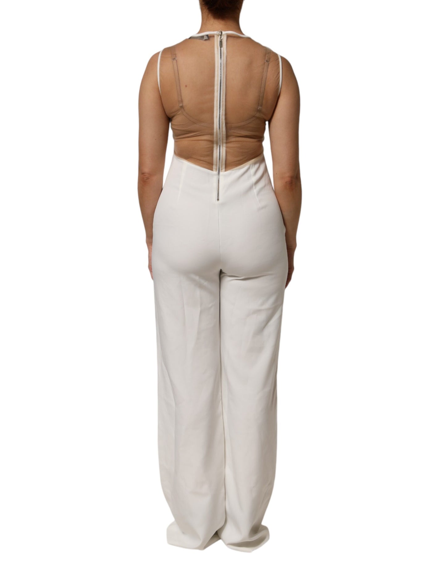 White Beige Mesh Crystal Embellished Sleeveless Jumpsuit
