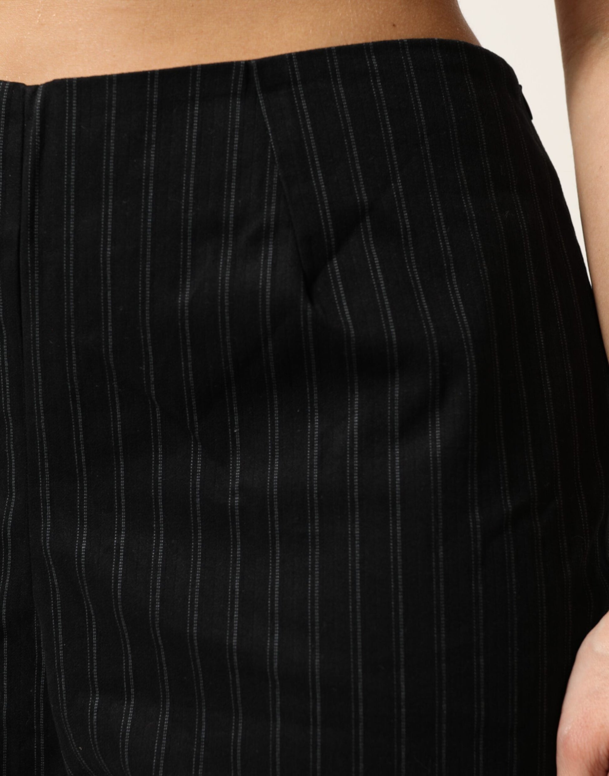 Black Wool Blend Pinstripe Straight Leg Pants