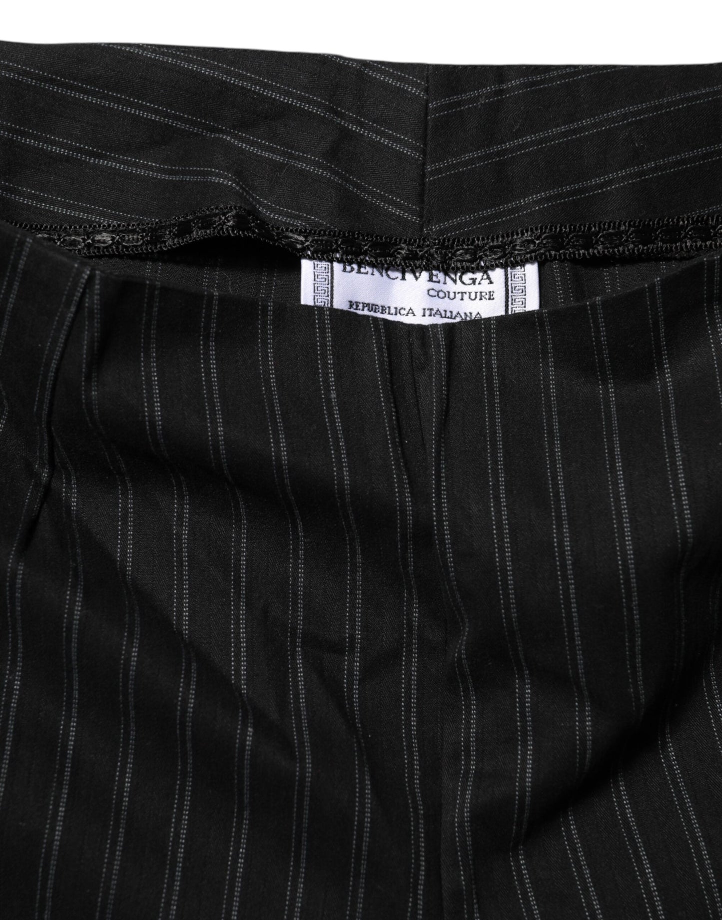 Black Wool Blend Pinstripe Straight Leg Pants