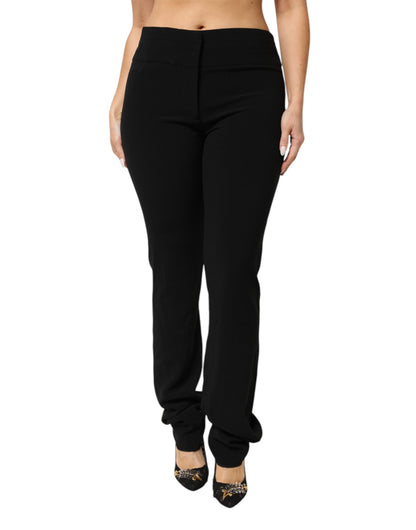 Black Viscose Acetate Blend Straight Leg High Waist Pants
