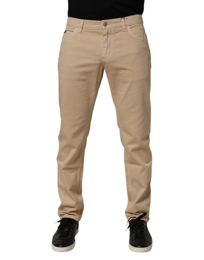 Beige Cotton Skinny Regular Men Denim Jeans