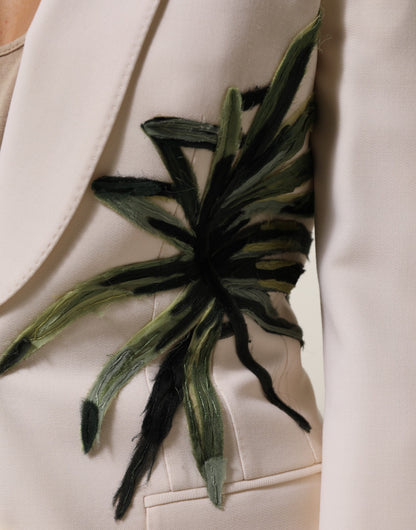 Beige Embroidered Single Breasted Jacket