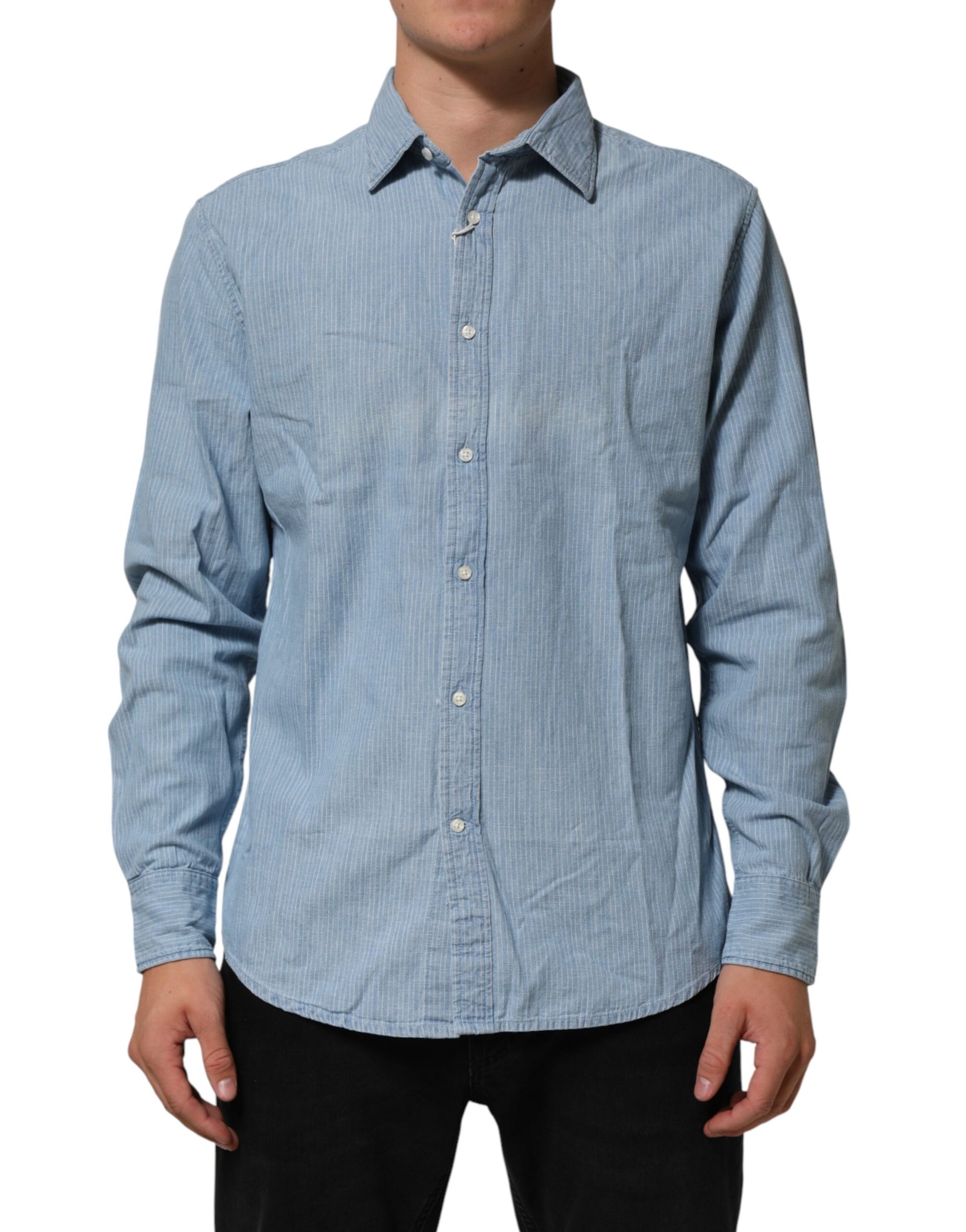 Blue Denim Regular Fit Collared Long Sleeve Men Shirt