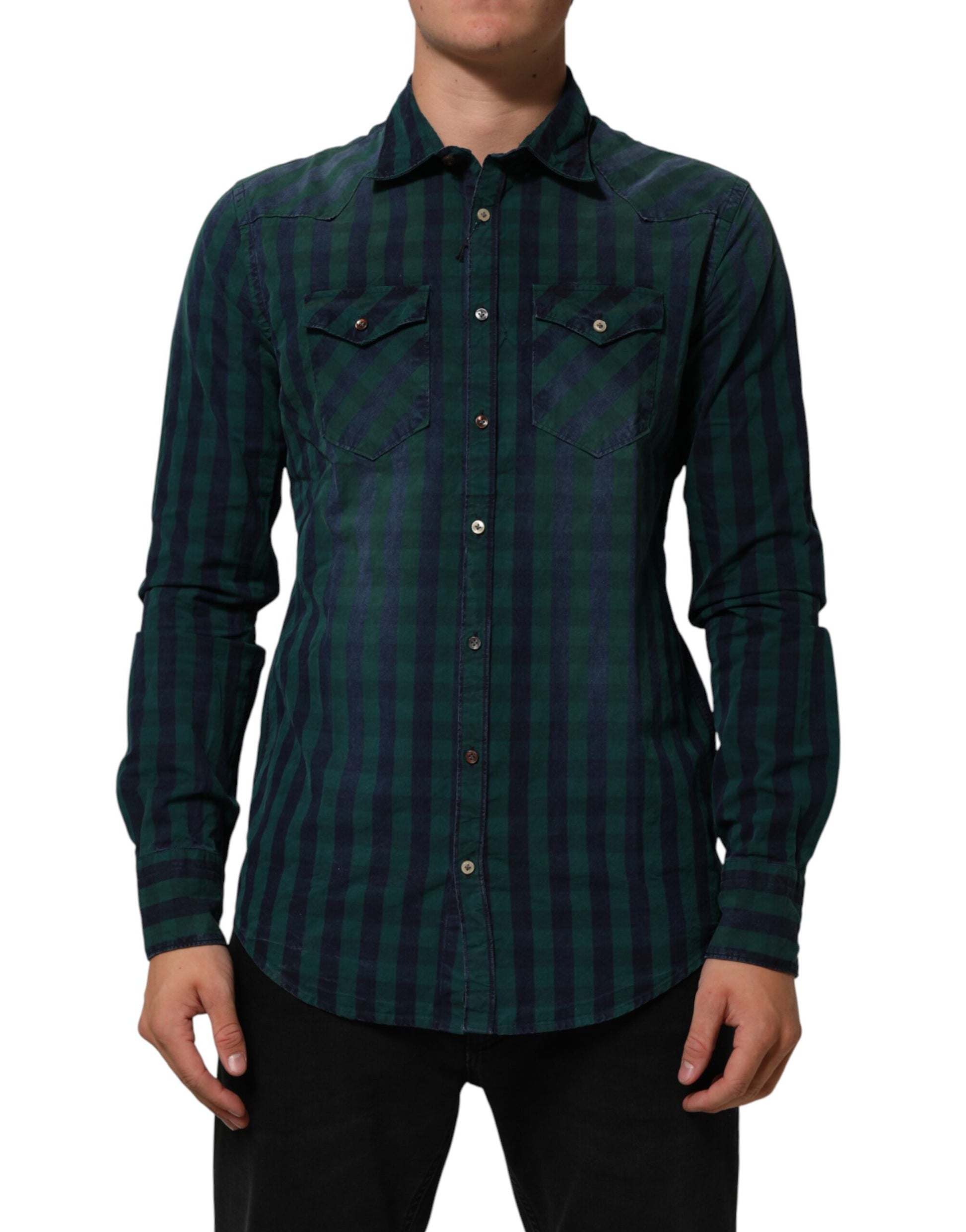 Green Checkered Cotton Button Down Long Sleeves Shirt