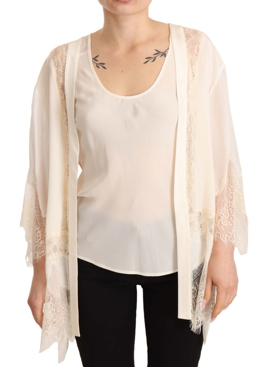 Off White Tank Lace Trim Cardigan Women Blouse Tops