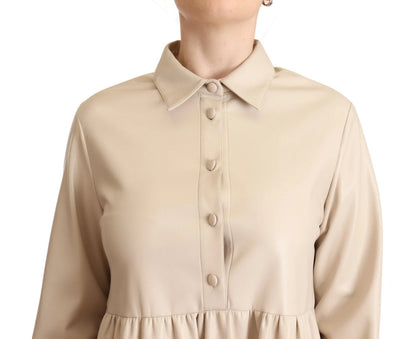 Leather Beige Long Sleeves Collared A-line Mini  Dress