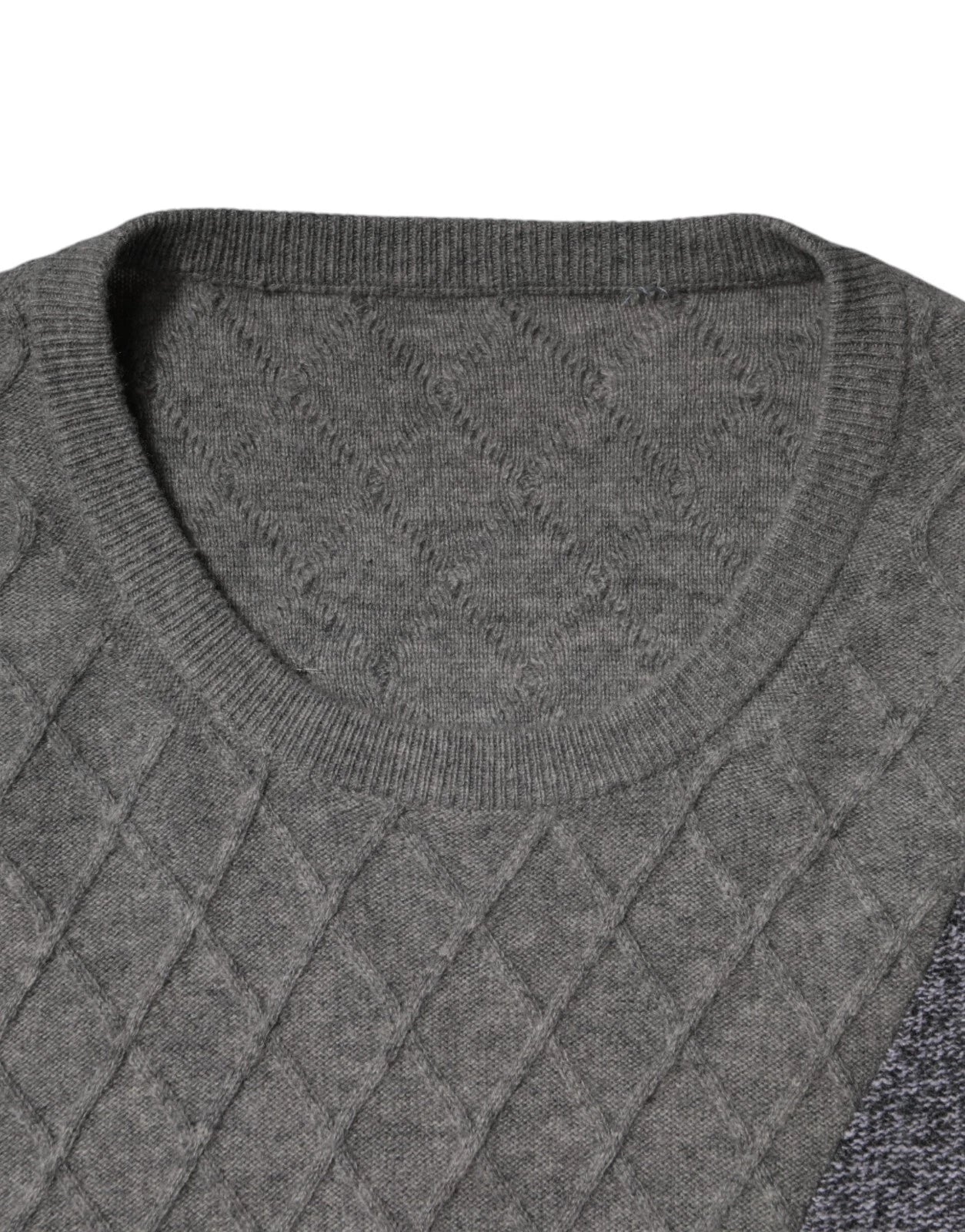 Gray Cashmere Argyle Intarsia Knit Crew Neck Men Sweater