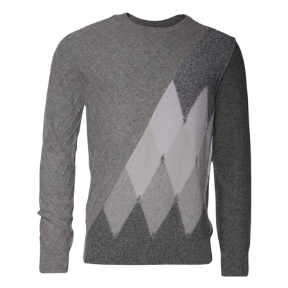 Gray Cashmere Argyle Intarsia Knit Crew Neck Men Sweater